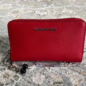 Michael Kors Red Saffiano Zip Around Wallet with Charm